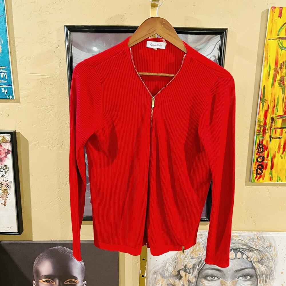 Y2K Calvin Klein Grunge Retro Full Zip Up Red Sweater Jacket Medium